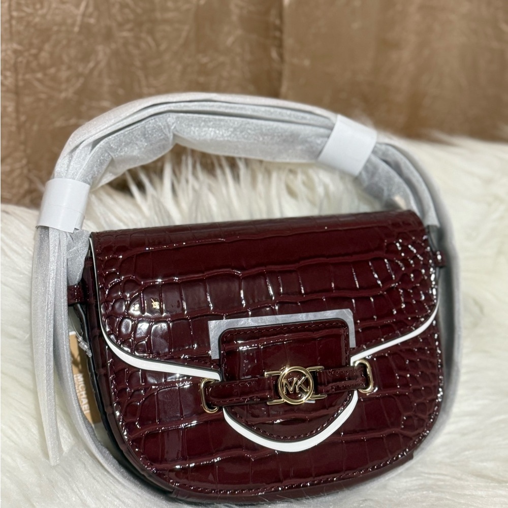 Michael Kors Burgundy Croc-Embossed Shoulder Bag